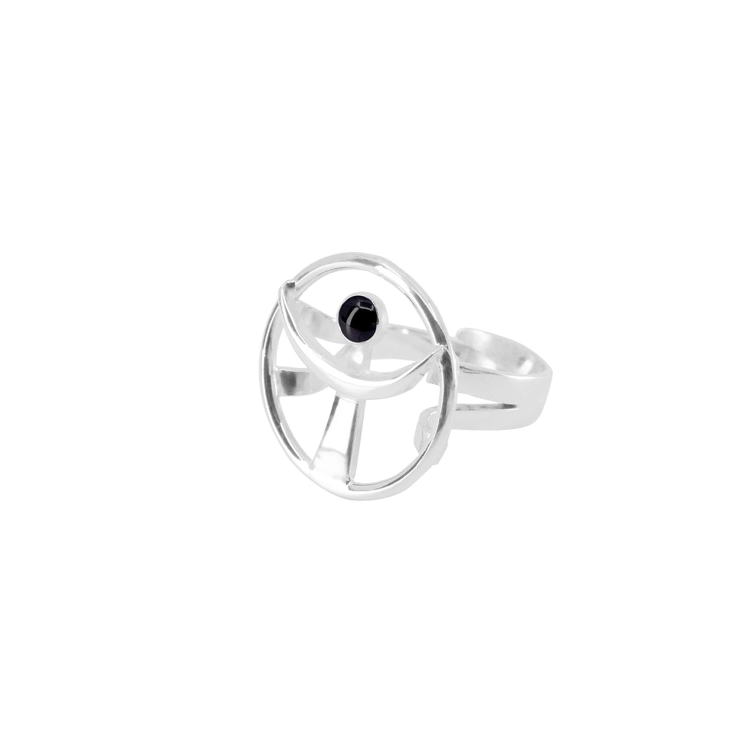 The "Releasing From the Deepest Fears Ring" by Kaora Sandara Jewelry features a size L sterling silver 925 ring with a geometric design that beautifully showcases a central black agate stone. Its open circular structure encapsulates a modern, minimalist aesthetic against an unadorned white background.