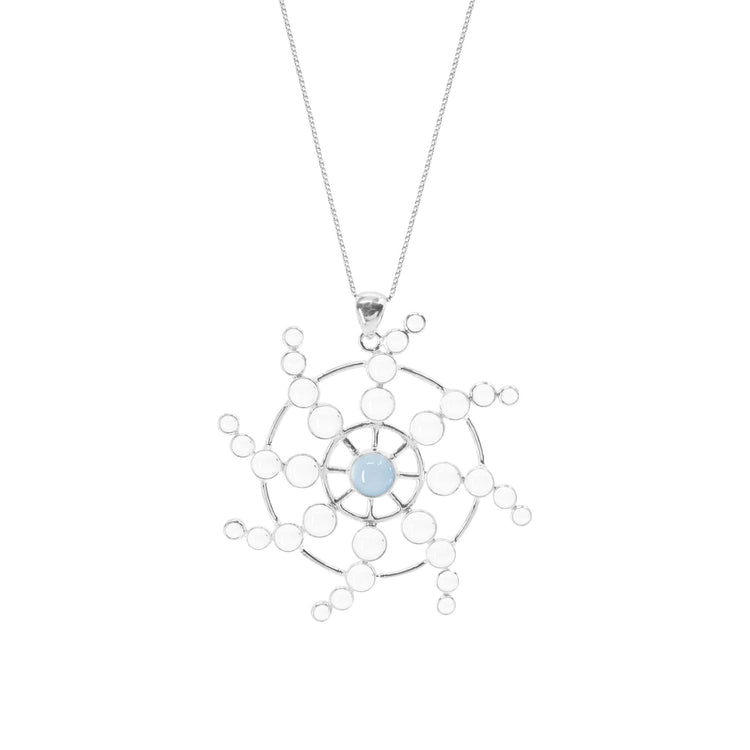 Introducing the "Perfection of Life Pendant" from Kaora Sandara Jewelry, featuring a sterling silver 925 circular design. This elegant necklace showcases a central blue chalcedony gemstone encircled by smaller clear crystals, creating an intricate pattern. The delicate chain complements the pendant's exquisite craftsmanship, beautifully embodying life's perfection.