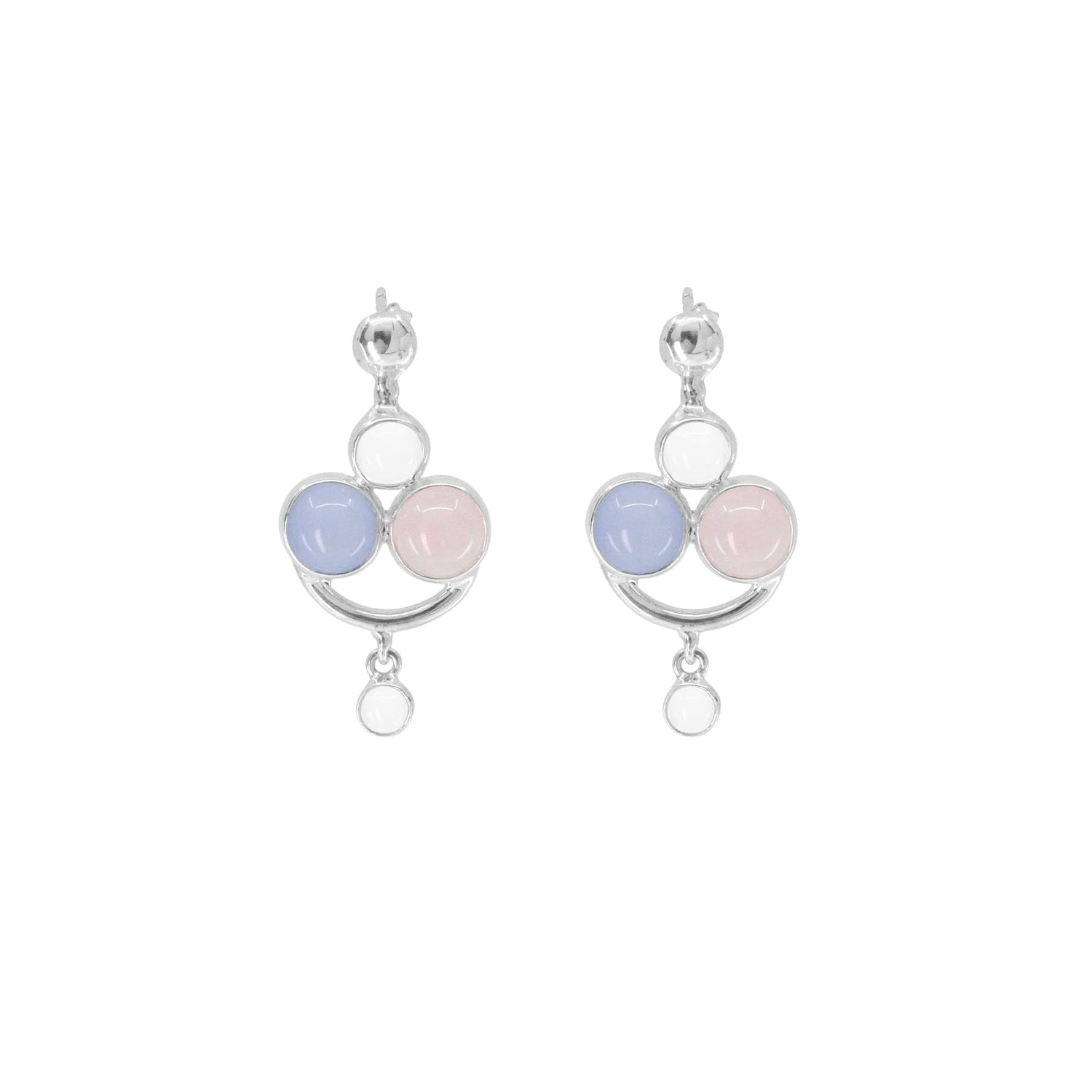 The Happy Parents Earstuds by Kaora Sandara Jewelry are crafted from sterling silver and adorned with a trio of round stones—crystal, chalcedony, and rose quartz—in shades of blue, white, and pink. Each earring features a small round pendant suspended below the cluster of stones, offering a delicate touch that evokes the soothing effect of gentle colors.