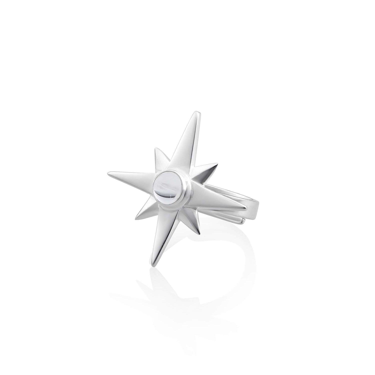 Introducing the Kaora Sandara Jewelry's Silver Ring Magic Star with Crystal Sphere - Size S, a stunning piece that boasts a starburst design with multiple pointed spikes and is adorned with rock crystal to enhance intuition, beautifully showcased against a plain white background.