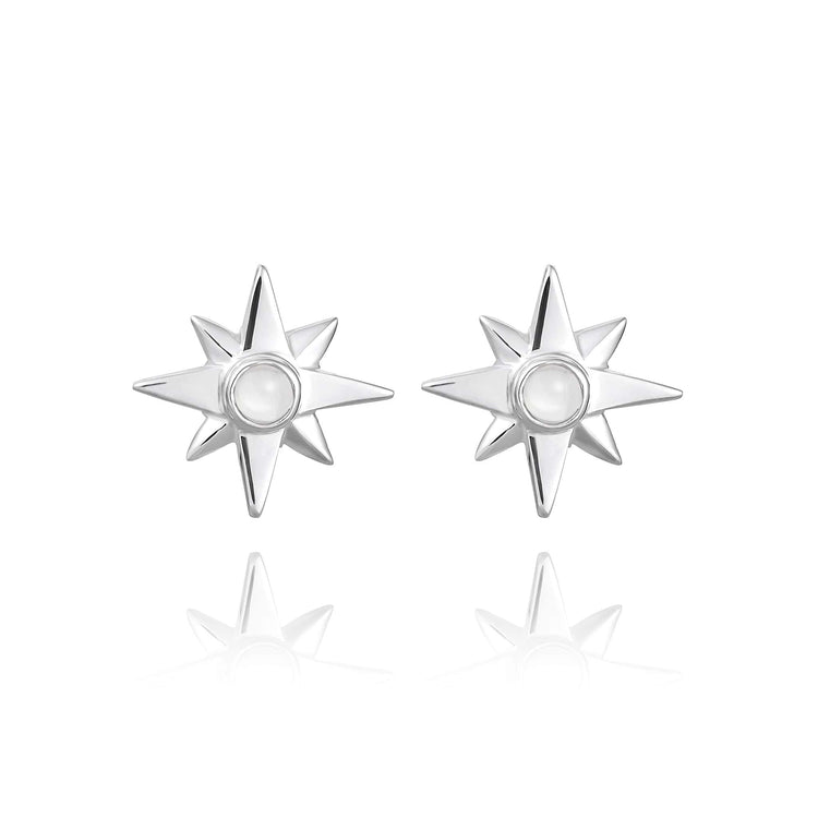 The Silver Earstuds Magic Star with Crystal Sphere Gemstones by Kaora Sandara Jewelry are sterling silver 925 earstuds designed in the shape of eight-pointed stars, each featuring a circular indentation at the center. The earrings are symmetrically arranged on a white background, with soft shadow reflections beneath.