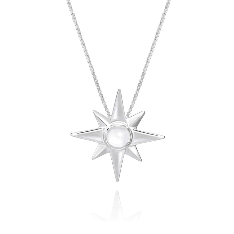 A Kaora Sandara Jewelry piece, the Silver Pendant Magic Star with Crystal Sphere - Size S, features a beautifully designed sterling silver 925 necklace adorned with an eight-pointed star pendant and a round center crystal. Presented against a white background, it's ideal for those looking to fulfill wishes or boost their crystal healing experience.