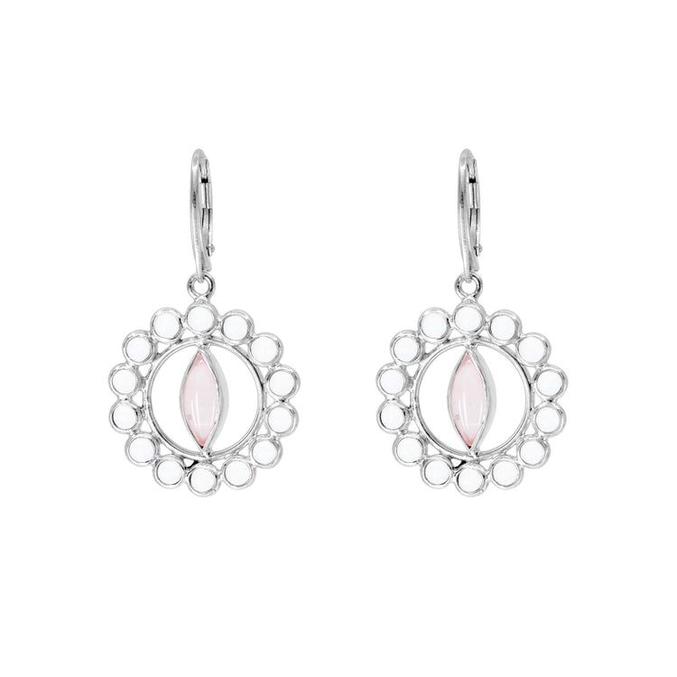 The Anima Earhooks by Kaora Sandara Jewelry showcase a delicate design crafted from sterling silver 925. Each earring features a circular arrangement of small silver loops with a transparent rhinestone crystal set at the center, surrounded by the intricate loop pattern. They hang elegantly from lever-back hooks.