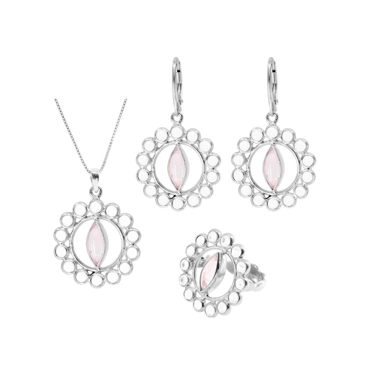 A matching set of Kaora Sandara Jewelry's Anima sterling silver jewelry, featuring a necklace, earrings, and a ring. Each piece boasts an intricate circular design with an oval rose quartz stone at the center, embellished by a pattern of small silver loops. The necklace includes a thin chain and the dazzling Anima Pendant.