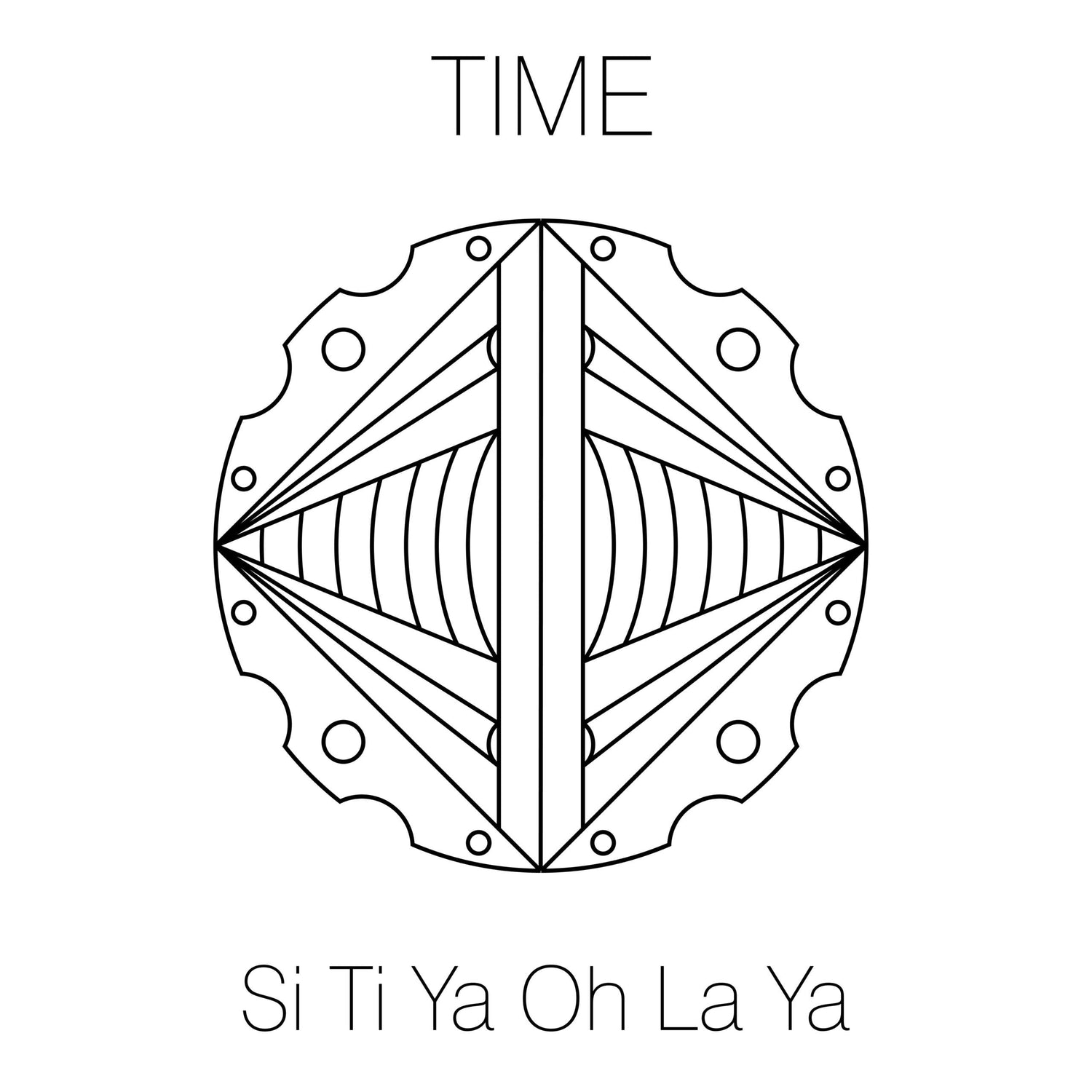 A symmetrical, geometric design featuring the word "TIME" above and the phrase "Si Ti Ya Oh La Ya" below is elegantly crafted from Sterling silver 925. This Silver Male Bracelet from Kaora Sandara Jewelry showcases intersecting lines and circular elements reminiscent of a mandala or an abstract biological clock. The overall aesthetic presents a striking black and white contrast, set on a dark grey string.