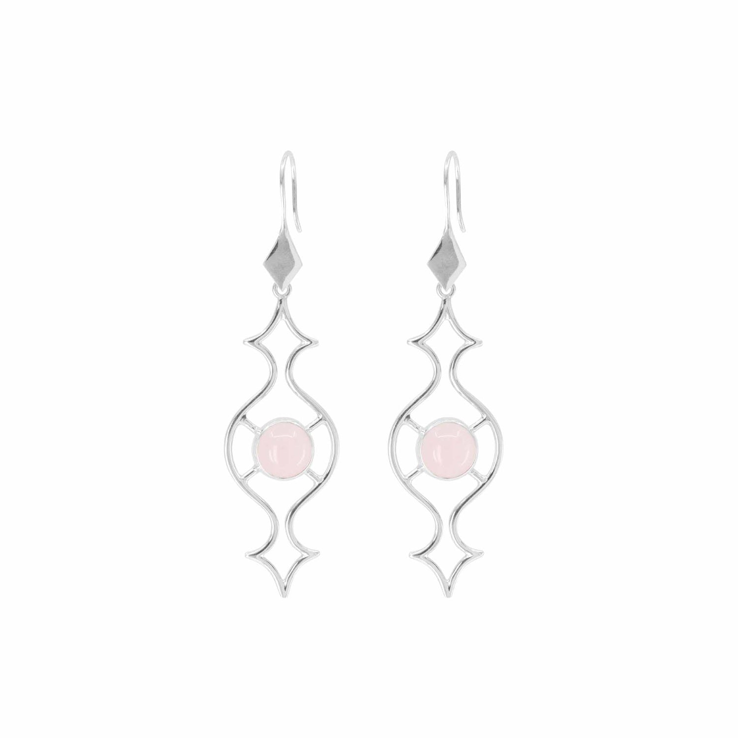 A pair of elegant Quantum Shift NEW Earhooks - Sterling Silver with Rose Quartz, Size L from Kaora Sandara Jewelry, featuring a wavy, abstract design and a round Rose Quartz gemstone set in the center of each. The earrings have hook attachments for wearing and are presented against a plain white background.