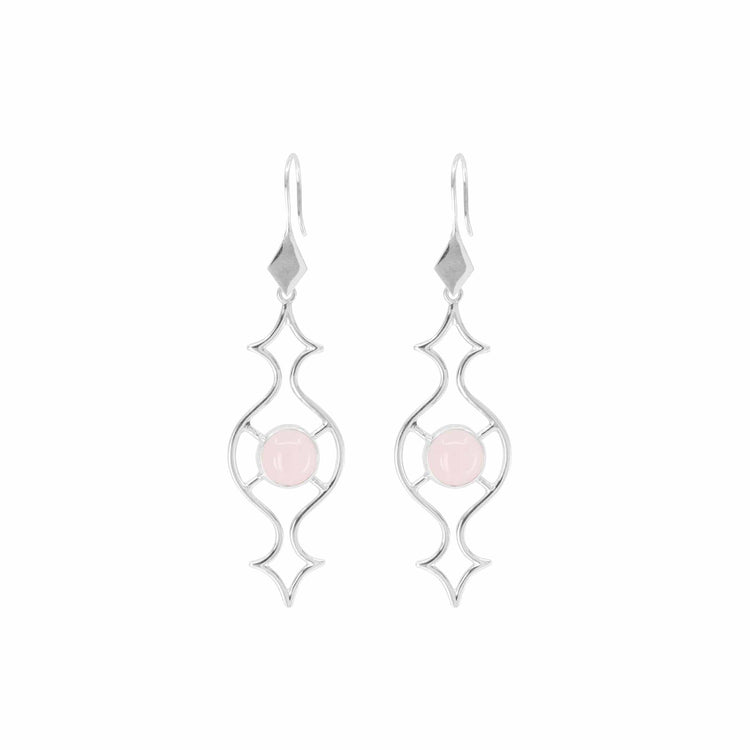 A pair of elegant Quantum Shift NEW Earhooks - Sterling Silver with Rose Quartz, Size L from Kaora Sandara Jewelry, featuring a wavy, abstract design and a round Rose Quartz gemstone set in the center of each. The earrings have hook attachments for wearing and are presented against a plain white background.