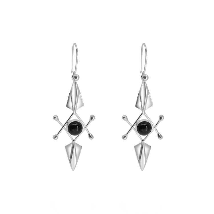 A pair of Energy Protection Earhooks by Kaora Sandara Jewelry, crafted from Sterling Silver 925 with geometric designs featuring intersecting lines and triangles centered on black agate gemstones. These sleek and modern earrings are finished with hooks for wearing, seamlessly combining angular shapes and elegant elements for energy protection.