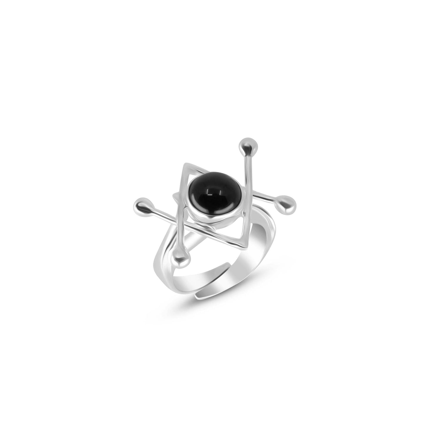 The Energy Protection Ring by Kaora Sandara Jewelry is crafted from sterling silver 925 and showcases a geometric design with a central black agate gemstone. Surrounding the centerpiece are abstract, angular shapes complemented by small silver spheres at the edges, giving the ring a modern, avant-garde style that also serves as an energy protection ring.