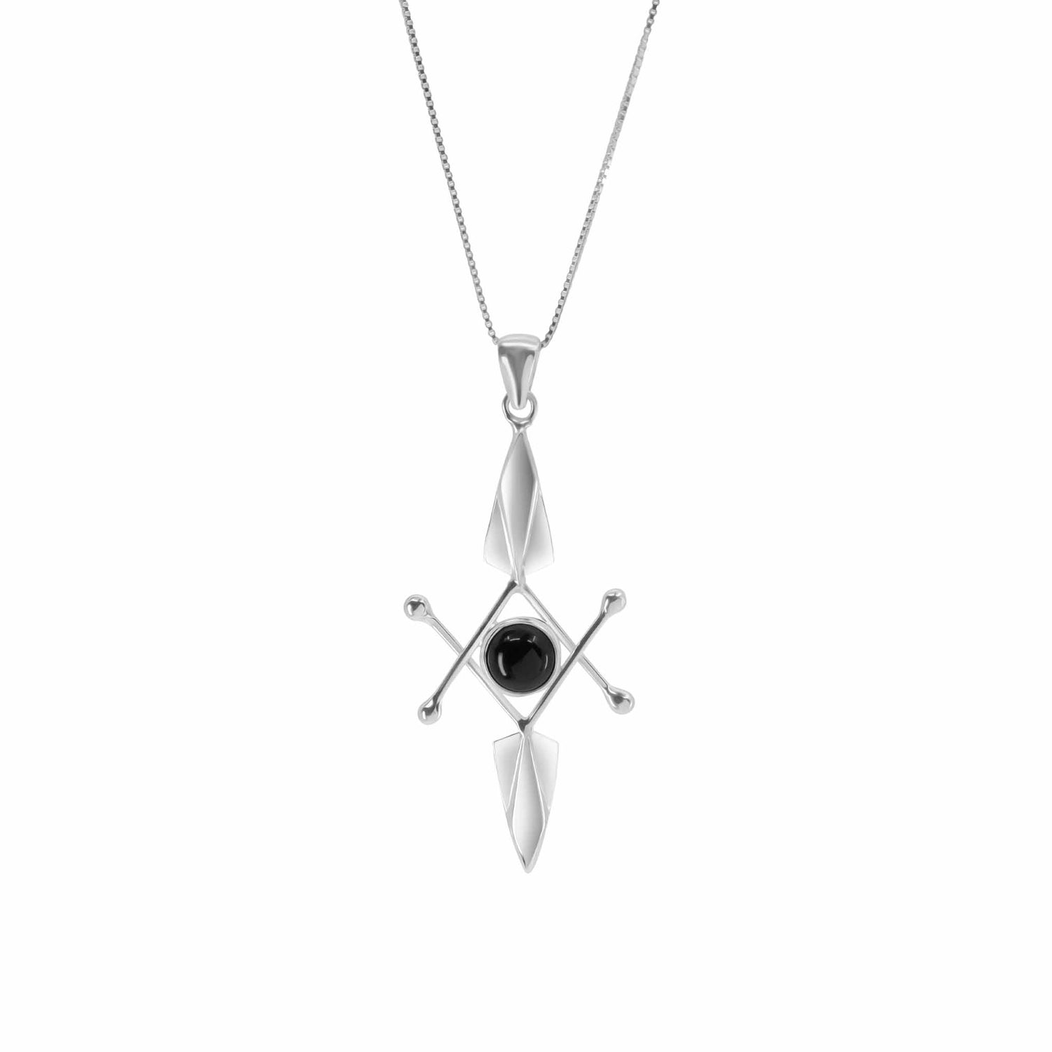 The Kaora Sandara Jewelry Energy Protection Pendant features a sterling silver 925 design showcasing a central black agate stone. The pendant is intricately crafted with intersecting silver rods and flanked by two leaf-shaped elements for added energy protection, all suspended from a delicate silver chain.