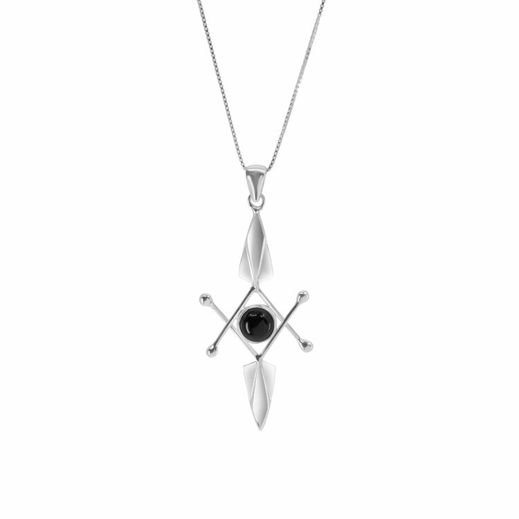 The Kaora Sandara Jewelry Energy Protection Pendant features a sterling silver 925 design showcasing a central black agate stone. The pendant is intricately crafted with intersecting silver rods and flanked by two leaf-shaped elements for added energy protection, all suspended from a delicate silver chain.