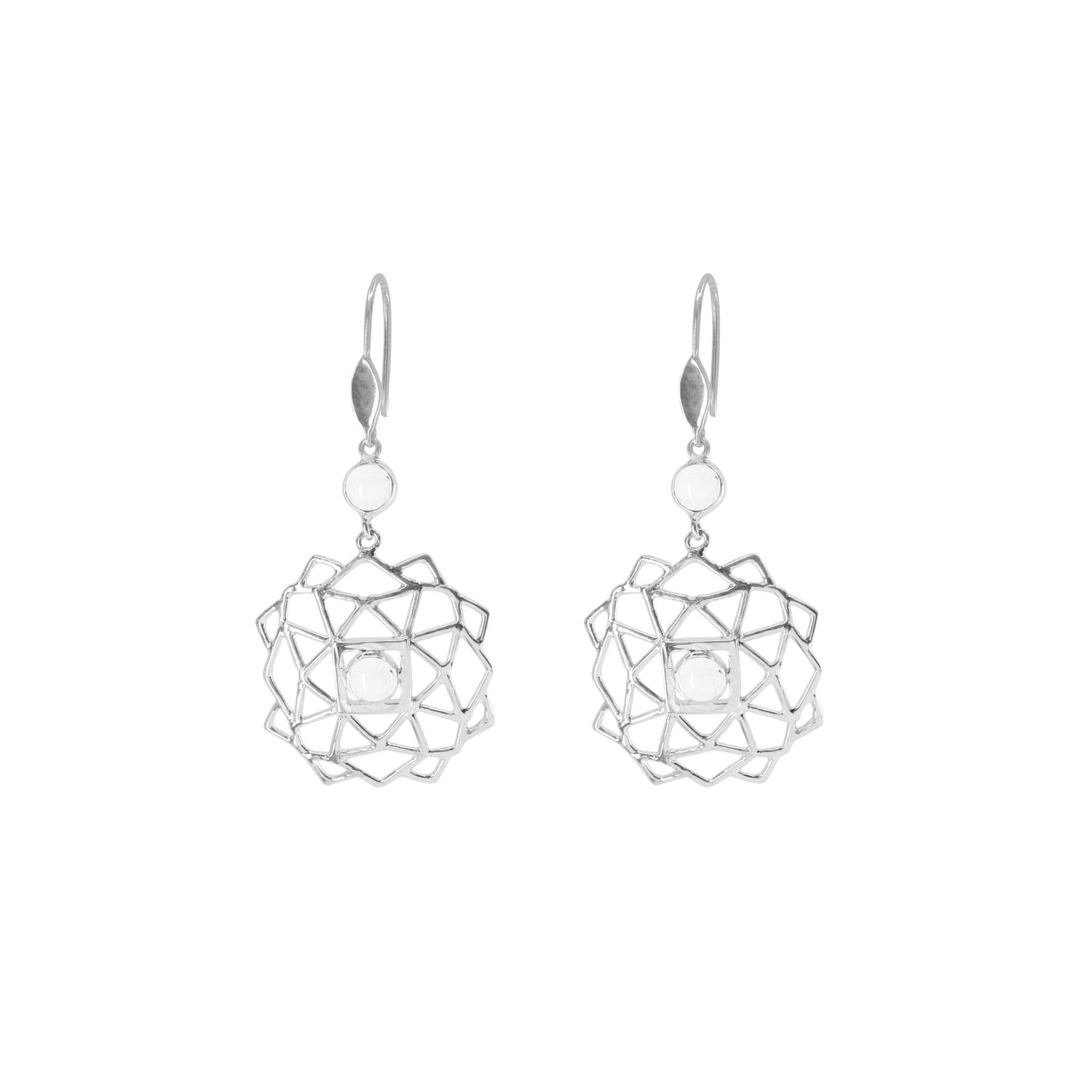 Expansion sterling silver hook earrings, rounded with angular edges, featuring two mountain crystal stones, top view on a white background.