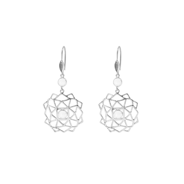 Expansion sterling silver hook earrings, rounded with angular edges, featuring two mountain crystal stones, top view on a white background.