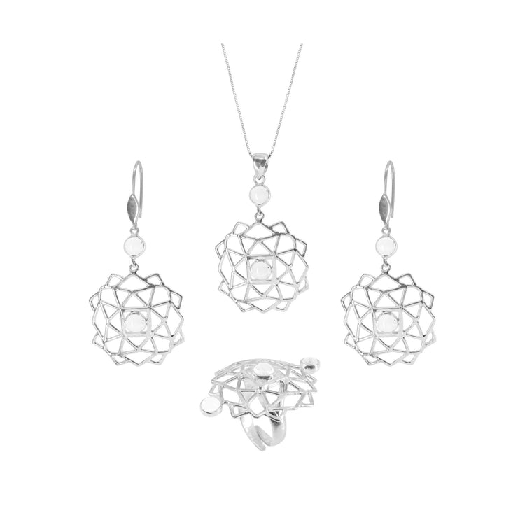 Discover the Expansion Ring by Kaora Sandara Jewelry, crafted in sterling silver with crystal gemstones. This elegant collection includes a pendant necklace, drop earrings, and a ring. Each piece boasts a geometric openwork design with interlocking shapes and a clear gemstone centerpiece, embodying a modern yet delicate style that perfectly complements any transitional wardrobe.