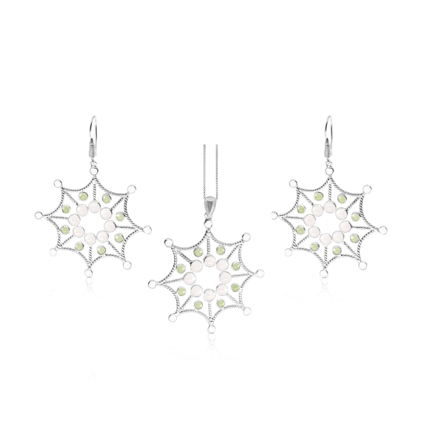 Introducing the Freedom from the Ego Pendant set by Kaora Sandara Jewelry, featuring a stunning pendant and matching earrings. Each piece showcases an intricate starburst design with sparkling crystal, rose quartz, and peridot gemstones set in Sterling Silver 925. The pendant is elegantly displayed on a delicate silver chain.