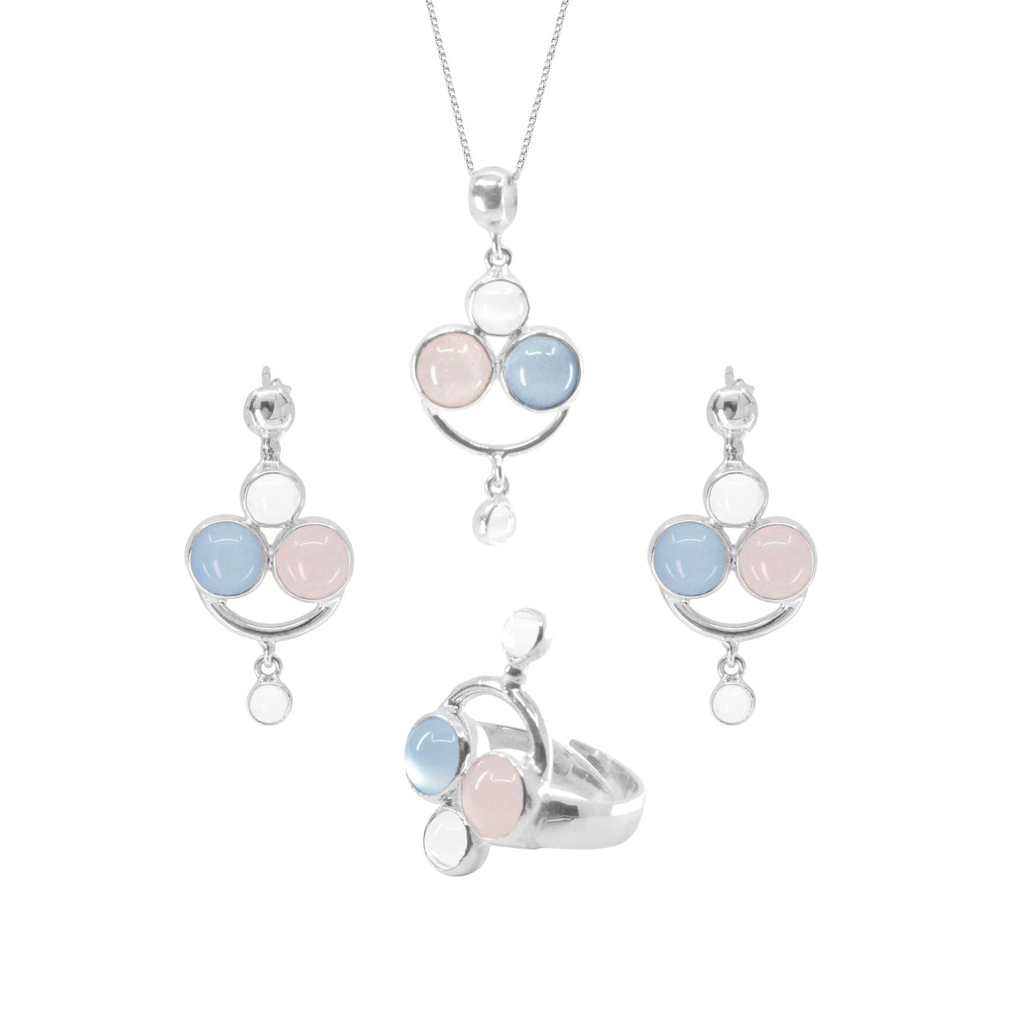 Introducing the Happy Parents Pendant by Kaora Sandara Jewelry, a sterling silver jewelry set that includes a necklace, a pair of earrings, and a ring. Each piece is beautifully adorned with pastel-colored healing crystal spheres, featuring chalcedony and rose quartz in delicate shades of blue, pink, and white. These stones are arranged in intricate circular and semi-circular patterns. The earrings and ring elegantly feature drop details for an added touch of sophistication.