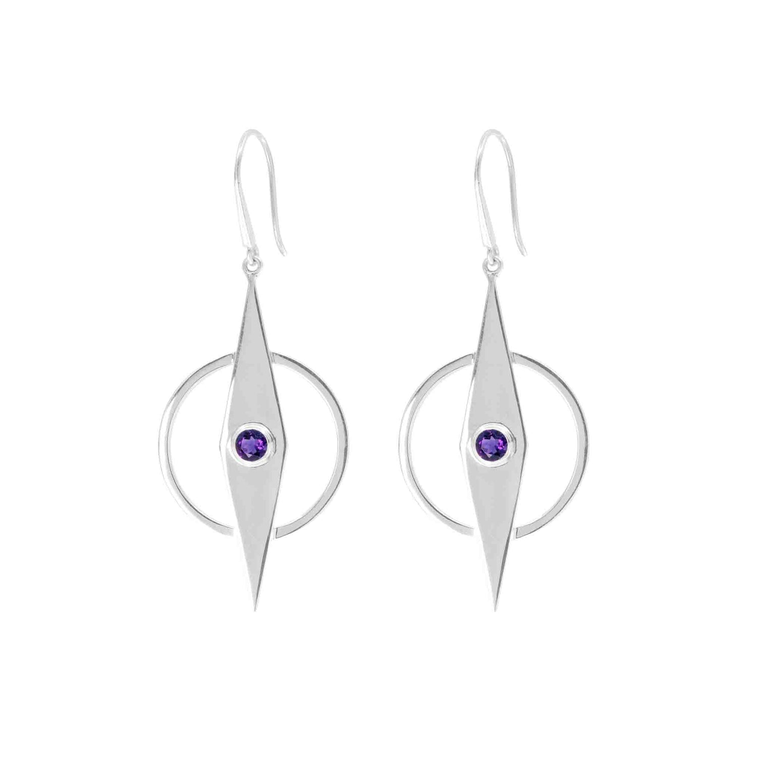 A pair of Kaora Sandara Jewelry’s Intuition Earhooks – Sterling Silver with Amethyst featuring a geometric design. Each earring has a central diamond-shaped element with a small dark purple amethyst gemstone in the center. The diamond shape is framed by a circular hoop, ensuring they hang gracefully.