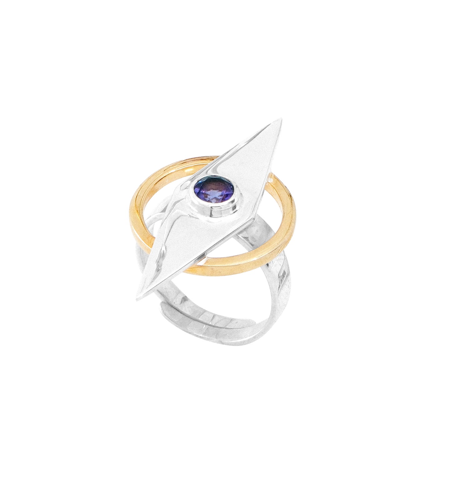 Introducing the Intuition Ring from Kaora Sandara Jewelry – a stunning piece crafted from Sterling Silver 925 and gold-plated metal, featuring an abstract arrowhead design with a vibrant Amethyst gemstone at its center. The band boasts a textured finish, flawlessly combining mixed metals for a unique and modern aesthetic.