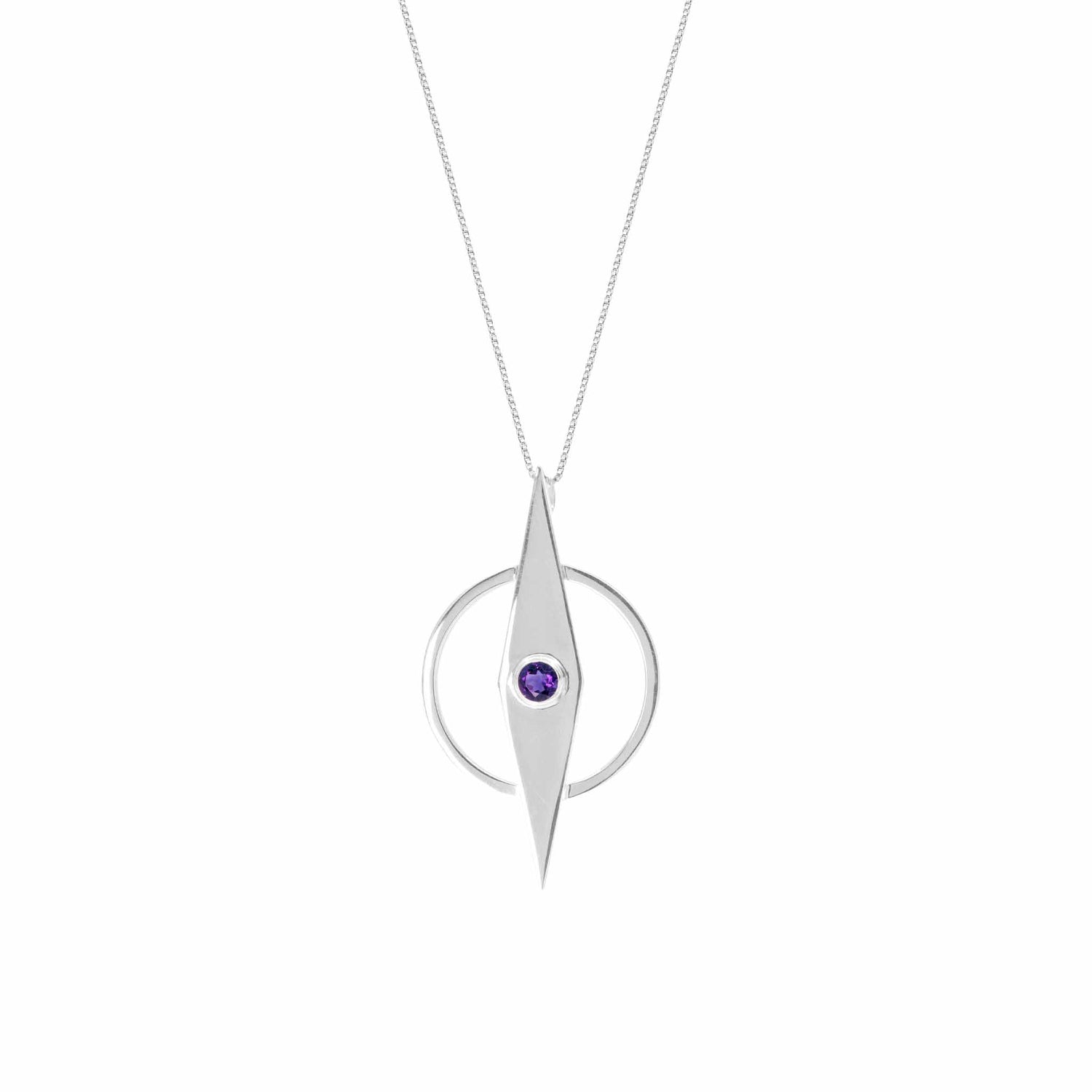 The Intuition Pendant by Kaora Sandara Jewelry boasts a Sterling Silver 925 necklace with a geometric design. An elongated diamond shape, vertically aligned and intersecting a circular frame, showcases a small amethyst gemstone at its center. This elegant piece is suspended on a delicate chain.