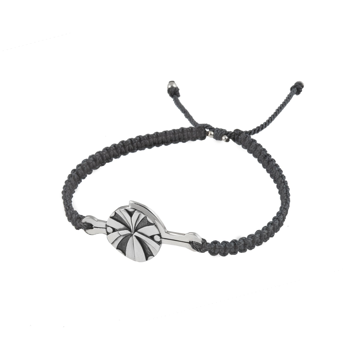 Introducing the Silver Male Bracelet On Dark Grey String with Code Abundance by Kaora Sandara Jewelry, featuring a circular sterling silver 925 charm adorned with a striped pattern. This bracelet, symbolizing financial prosperity, is completed with an adjustable sliding knot closure.