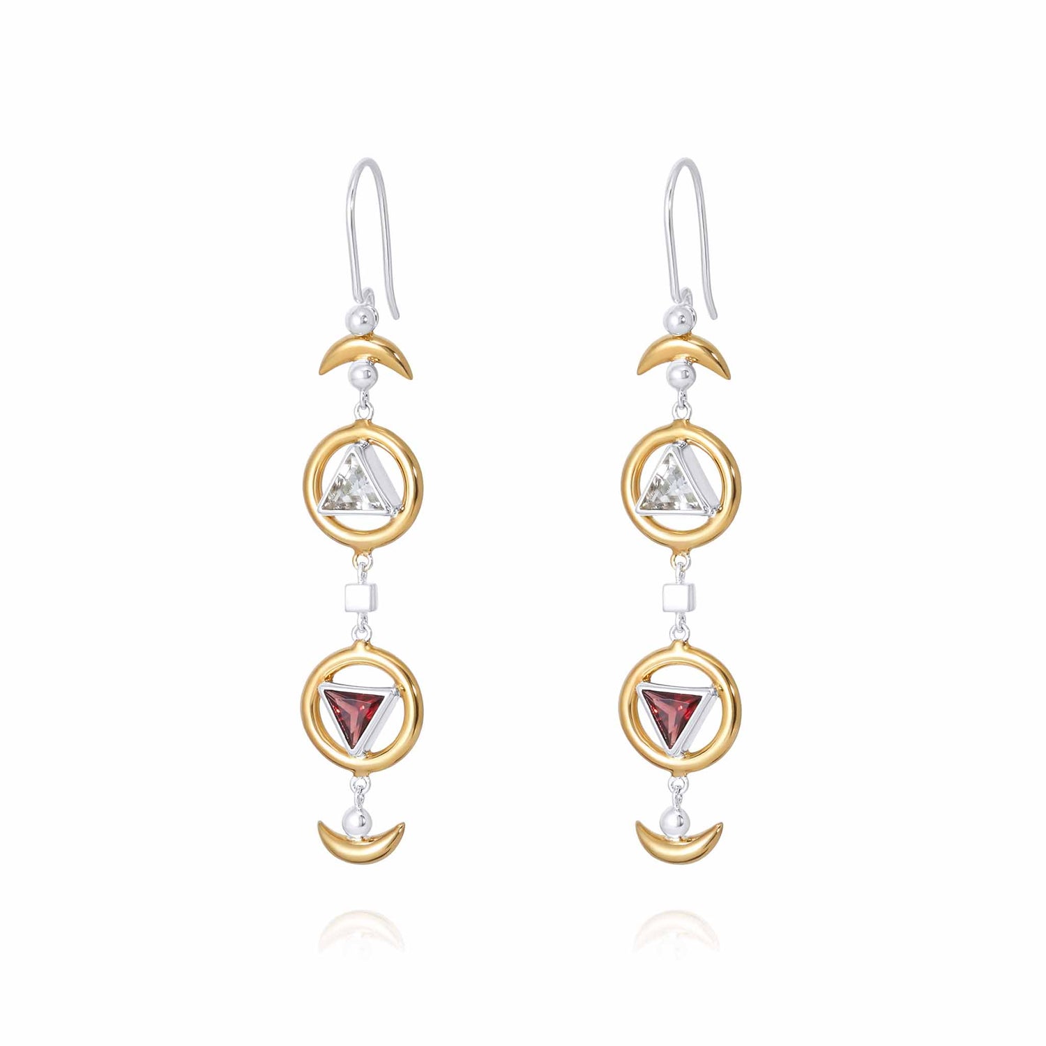 The Resource Earhooks by Kaora Sandara Jewelry feature long, dangling earrings with gold-plated circles and triangular gemstones in blue and red garnet. Each sterling silver earring includes a hook top and crescent-shaped accents adorned with transparent rhinestone crystals that beautifully catch the light.