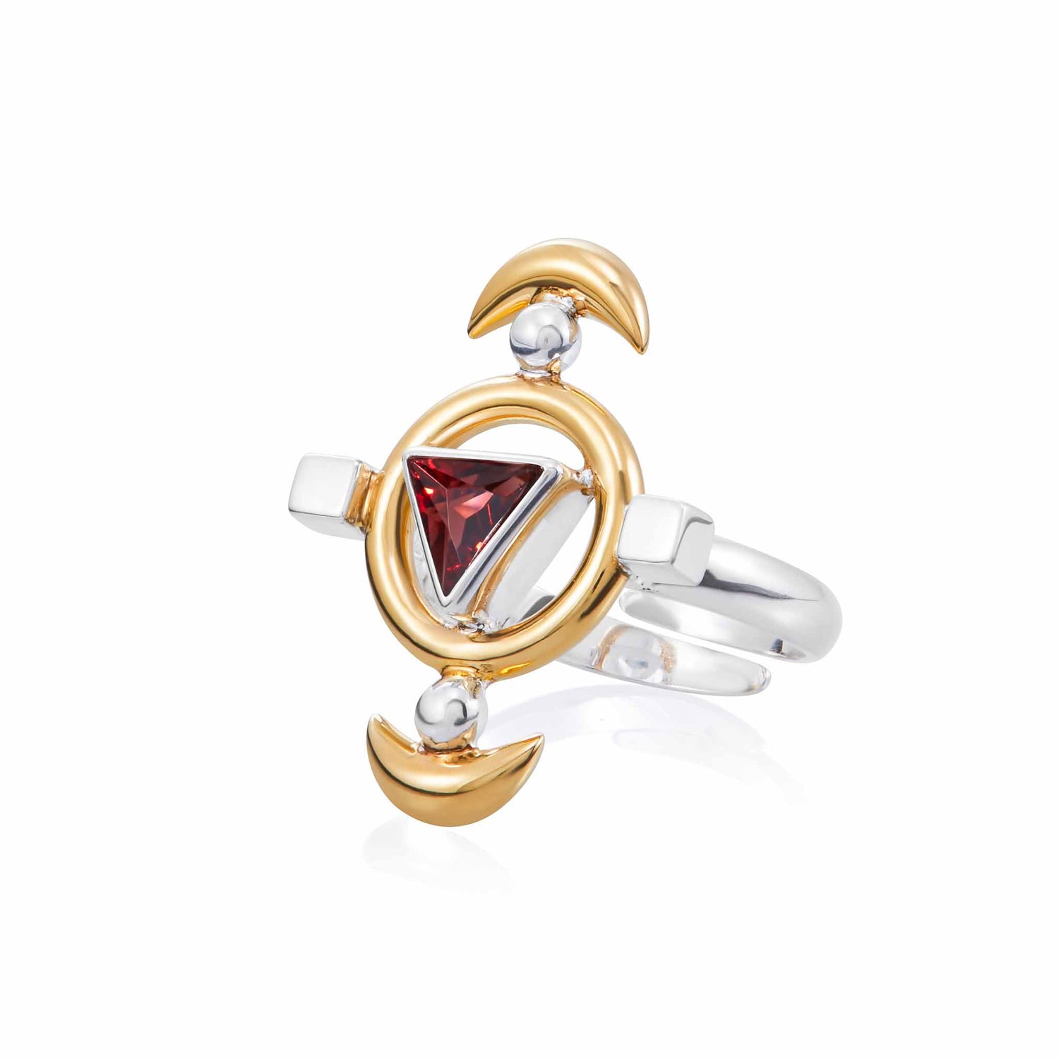 The Resource Ring by Kaora Sandara Jewelry features a stunning central triangular Garnet gemstone, thought to harness life energy. It is elegantly encased in a gold-plated circular frame with two crescent shapes, and crafted from Sterling Silver 925. The design is completed with two small silver spheres on its sleek band.