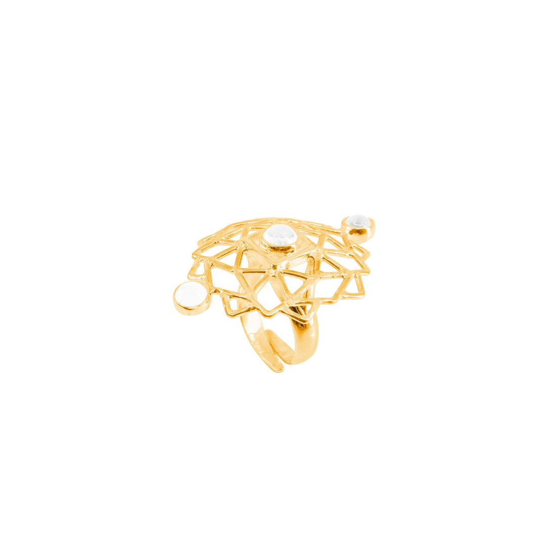 The Ring Expansion gold plated by Kaora Sandara Jewelry is a gold ring with an intricate openwork geometric design featuring three small pearl-like details on top, reminiscent of a gold-plated crystal pendant's elegance.