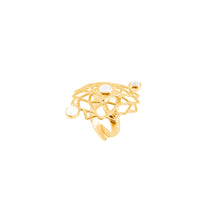 The Ring Expansion gold plated by Kaora Sandara Jewelry is a gold ring with an intricate openwork geometric design featuring three small pearl-like details on top, reminiscent of a gold-plated crystal pendant's elegance.