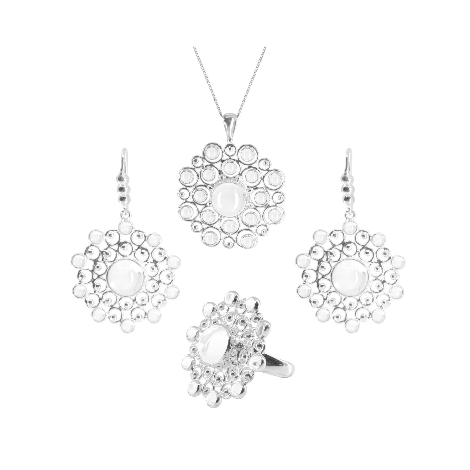 A jewelry set from Kaora Sandara Jewelry, named "Purity Earhooks – Sterling Silver with Crystal, Size S," includes a necklace, a pair of earrings with earhooks, and a ring. All pieces feature round, flower-shaped patterns crafted from Sterling Silver 925 with a central Transparent Rhinestone Crystal surrounded by smaller stones. The set is beautifully displayed on a white background.