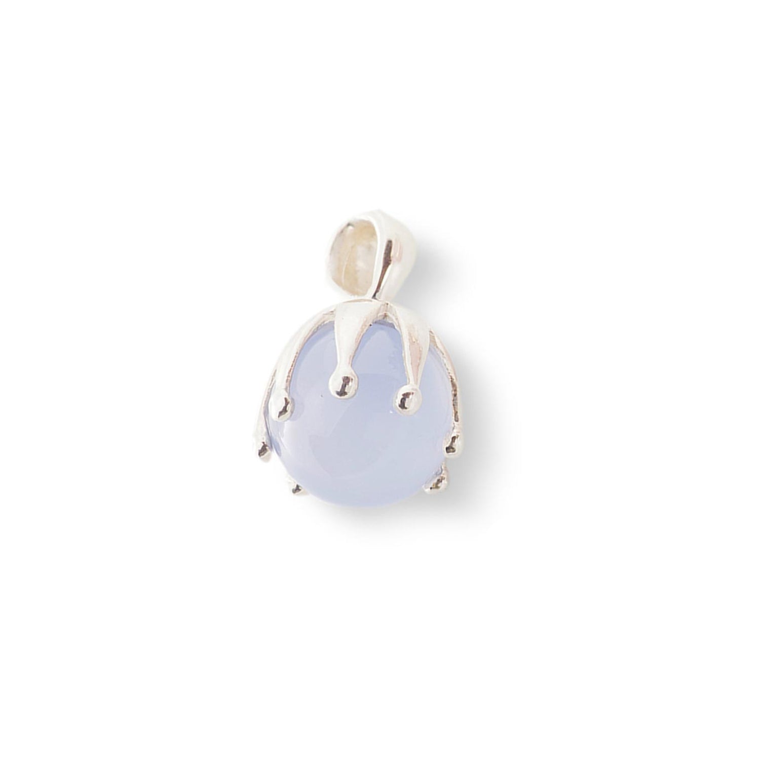 The "I'M A Queen" Silver Pendant by Kaora Sandara Jewelry features a polished, translucent light blue chalcedony stone in a crown-like sterling silver 925 setting, complete with an attached loop for a chain.