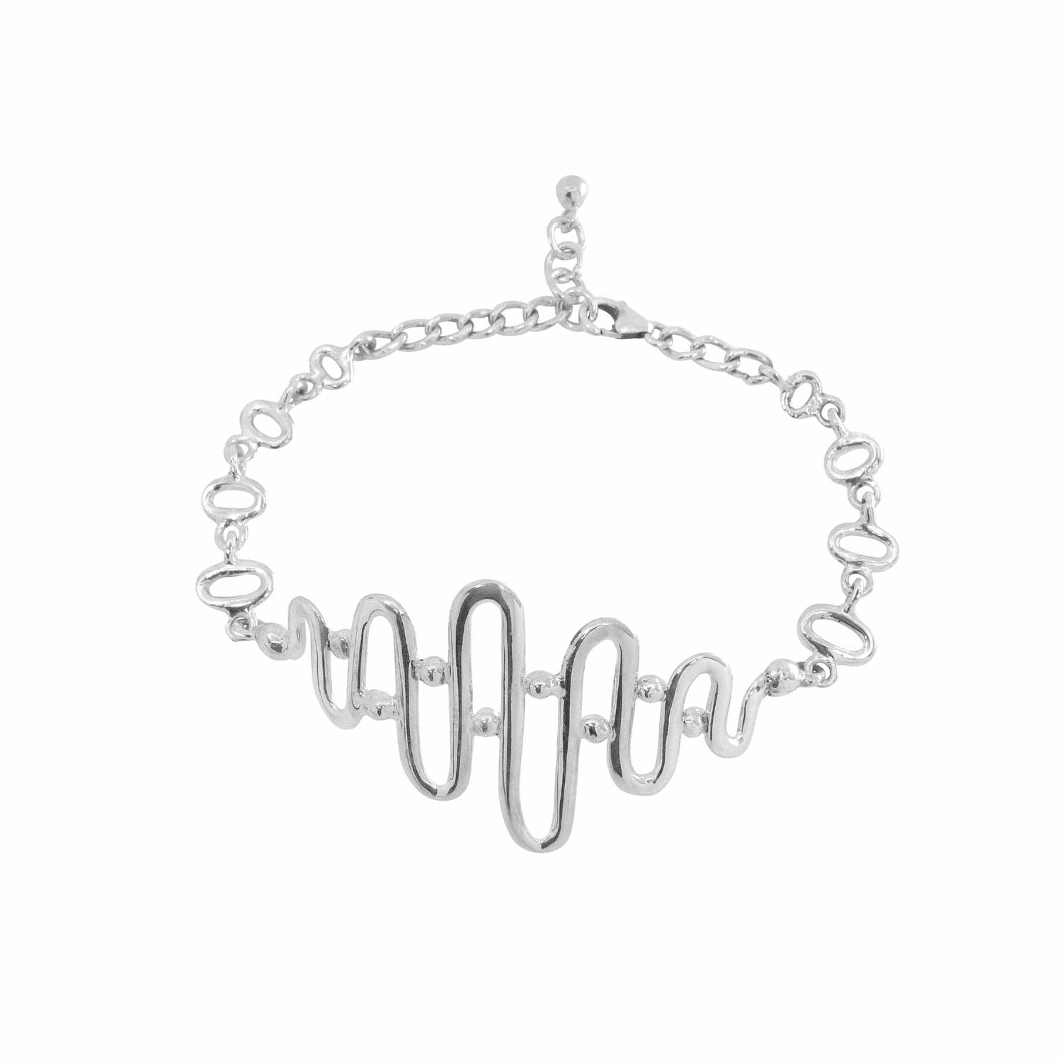 The Team Work Bracelet – Sterling Silver by Kaora Sandara Jewelry showcases a unique wave-like design in the center and circular links. This sterling silver 925 bracelet also features an adjustable chain with a small clasp for fastening.