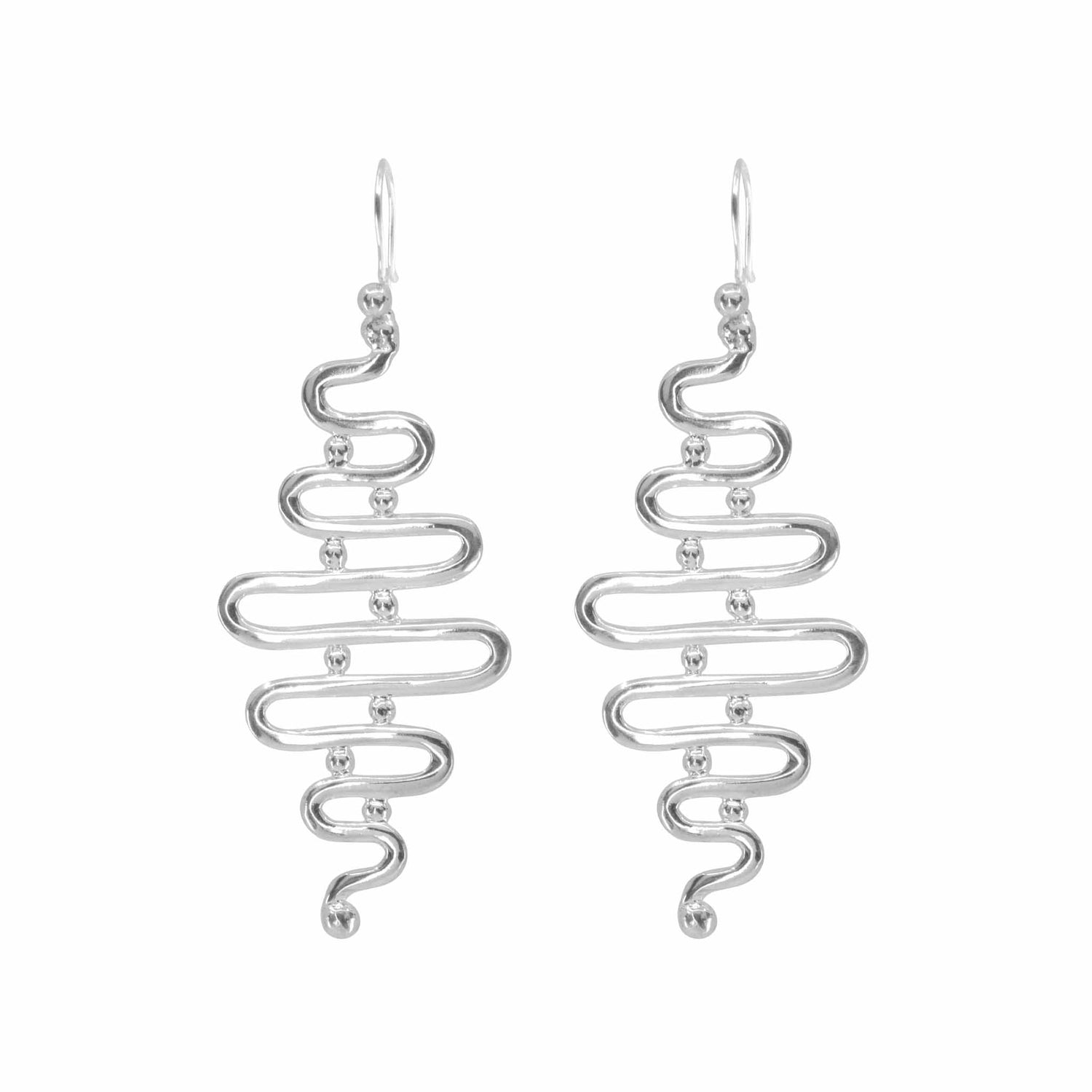 Introducing the Silver Earhooks Team Work by Kaora Sandara Jewelry: these sterling silver earrings feature an abstract, wavy zigzag design with small rounded silver accents evenly spaced along the curves. The hook attachment ensures easy wearing, while the sleek and modern design offers a lightweight and elegant touch.