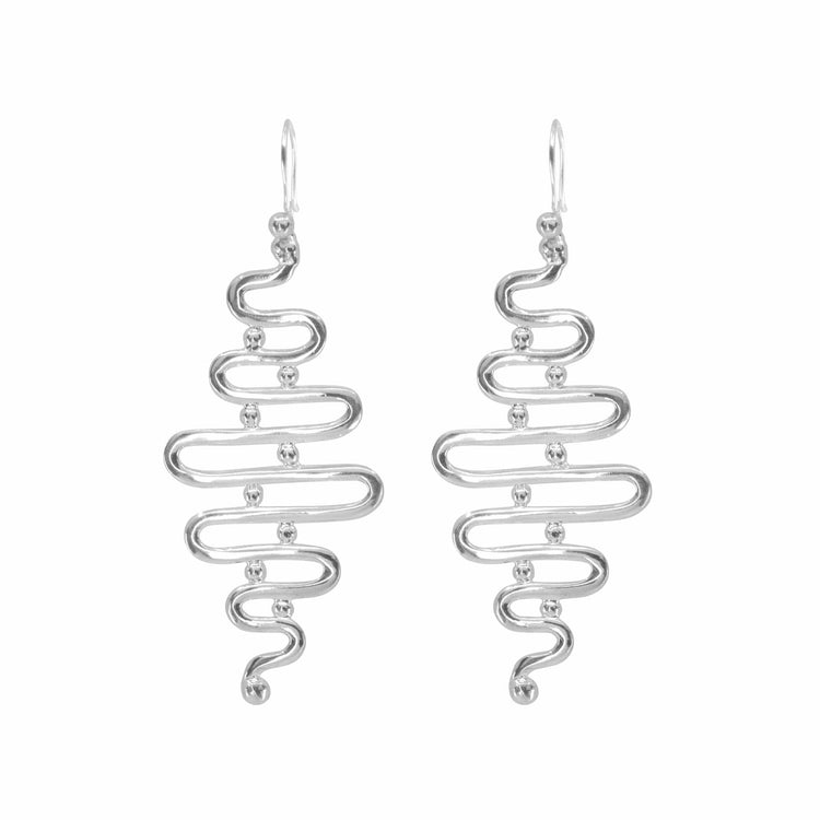 Introducing the Silver Earhooks Team Work by Kaora Sandara Jewelry: these sterling silver earrings feature an abstract, wavy zigzag design with small rounded silver accents evenly spaced along the curves. The hook attachment ensures easy wearing, while the sleek and modern design offers a lightweight and elegant touch.