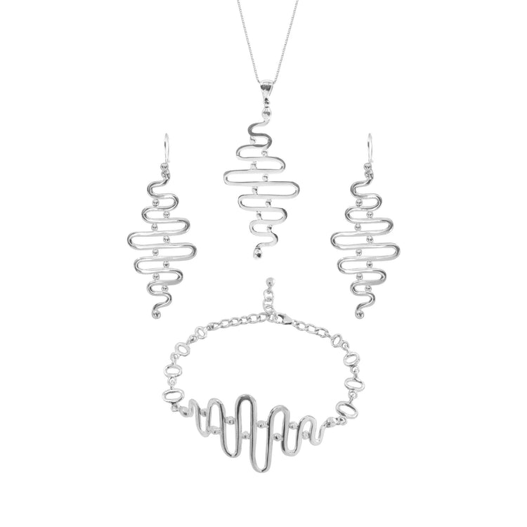 A set of Sterling Silver 925 jewelry from Kaora Sandara Jewelry, featuring the Silver Earhooks Team Work collection. This set includes a necklace, earrings, and bracelet, each showcasing a unique wavy design. The necklace is adorned with a single pendant, the earrings feature a dangle style with earhooks, and the bracelet mirrors the wavy pattern—all boasting a polished finish.