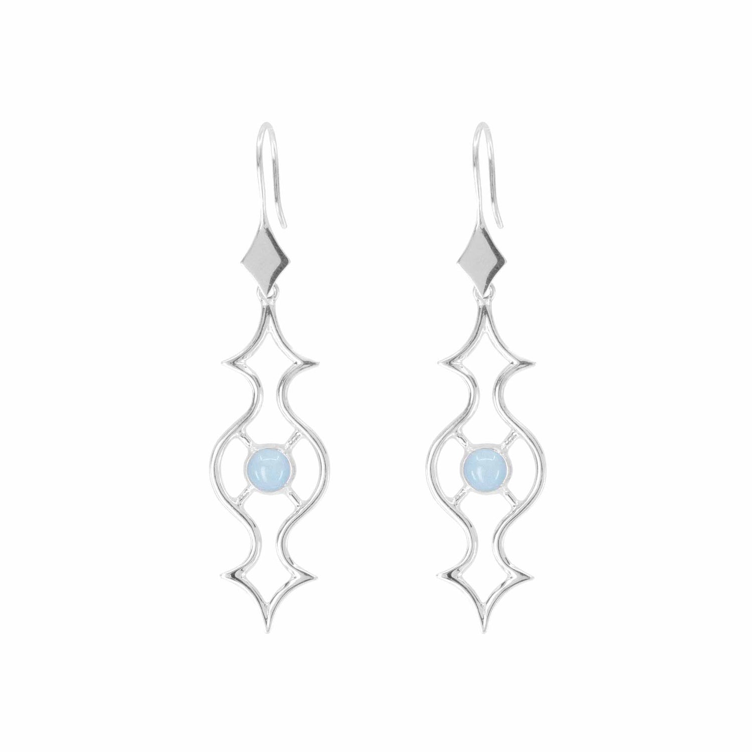 The Quantum Shift NEW Earhooks by Kaora Sandara Jewelry feature a geometric, openwork design with soft blue Chalcedony gemstones at the center of each earring. Crafted from Sterling Silver 925, these elegant size S earrings hang gracefully from a simple hook.