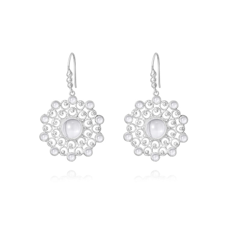 Introducing the Purity Earhooks by Kaora Sandara Jewelry, crafted from Sterling Silver 925 and adorned with a central polished crystal. These size S dangle earrings feature a captivating round, intricate design encircled by smaller spheres and include earhooks for effortless wearing.