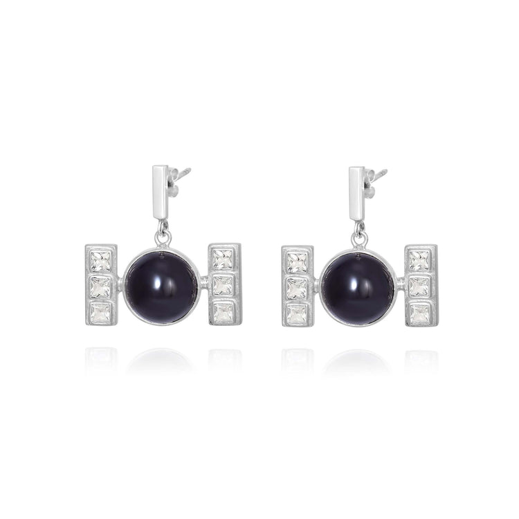 A pair of Kaora Sandara Jewelry's Silver Earhooks Health Formula – Black Agate & Crystal drop earrings, made from Sterling Silver 925, features a central black agate gemstone flanked by two vertical rows of three square clear gemstones on either side. Presented against a white background.