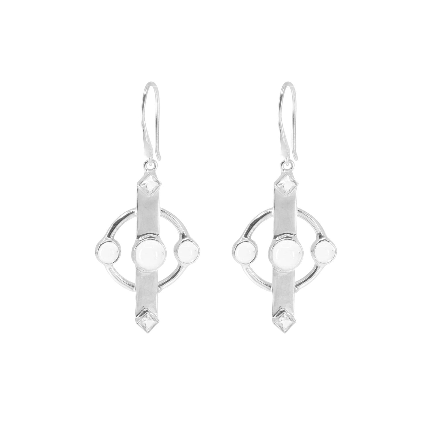 The Inner Clarity Earhooks by Kaora Sandara Jewelry are a stunning pair of sterling silver 925 earrings that showcase a modern geometric design. Each earring features a central circular piece accented with smaller circles and elongated vertical elements, all arranged in a minimalist yet stylish fashion. They hang from simple hooks adorned with transparent crystal gemstones.