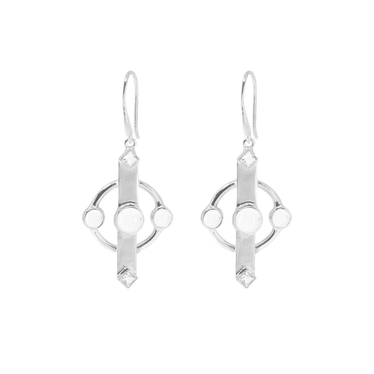 The Inner Clarity Earhooks by Kaora Sandara Jewelry are a stunning pair of sterling silver 925 earrings that showcase a modern geometric design. Each earring features a central circular piece accented with smaller circles and elongated vertical elements, all arranged in a minimalist yet stylish fashion. They hang from simple hooks adorned with transparent crystal gemstones.