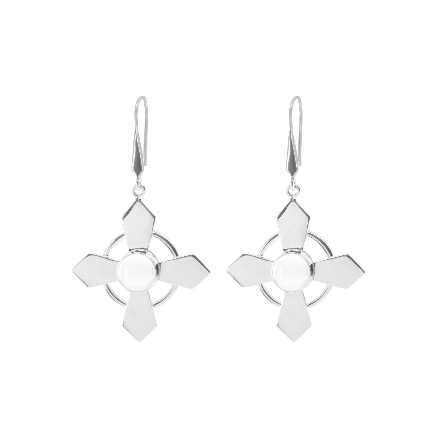 The Power's Activation Earhooks by Kaora Sandara Jewelry are a pair of sterling silver 925 drop earrings featuring four symmetrical, pointed petal shapes radiating from a central white circular bead. They are adorned with transparent rhinestone crystals and connected by small silver hoops. The earrings hang elegantly from simple hook attachments.