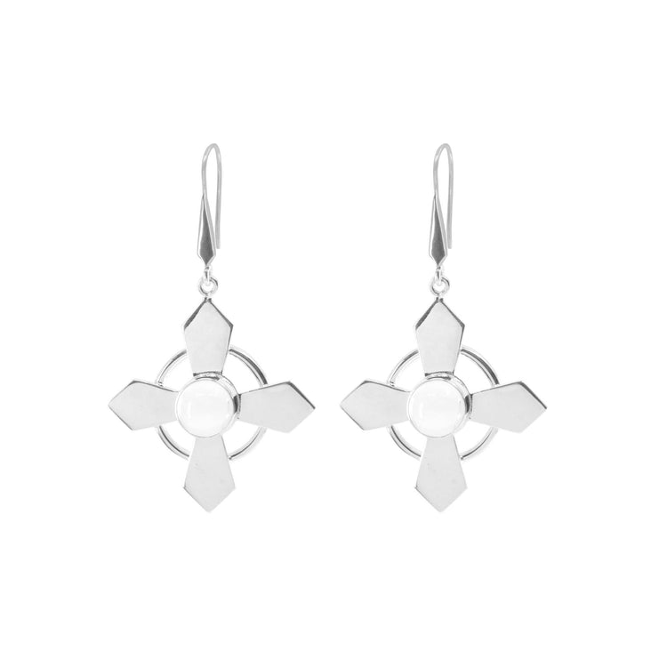 The Power's Activation Earhooks by Kaora Sandara Jewelry are a pair of sterling silver 925 drop earrings featuring four symmetrical, pointed petal shapes radiating from a central white circular bead. They are adorned with transparent rhinestone crystals and connected by small silver hoops. The earrings hang elegantly from simple hook attachments.