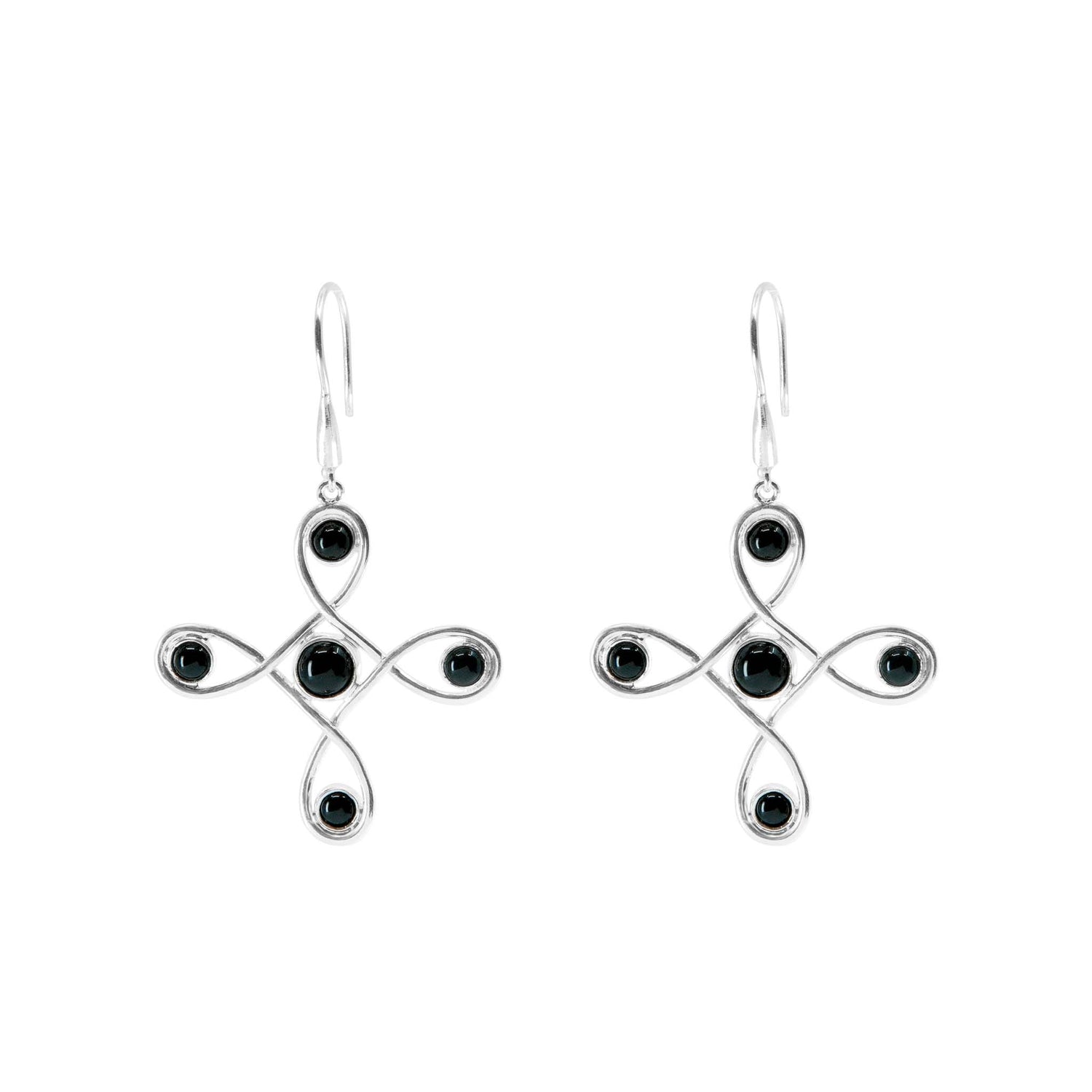 The Programs Clearing Earhooks by Kaora Sandara Jewelry are sterling silver 925 earrings shaped like abstract crosses with loops at each end, featuring small, round black agate stones in the center of each loop. They come with earhooks for easy wearing.