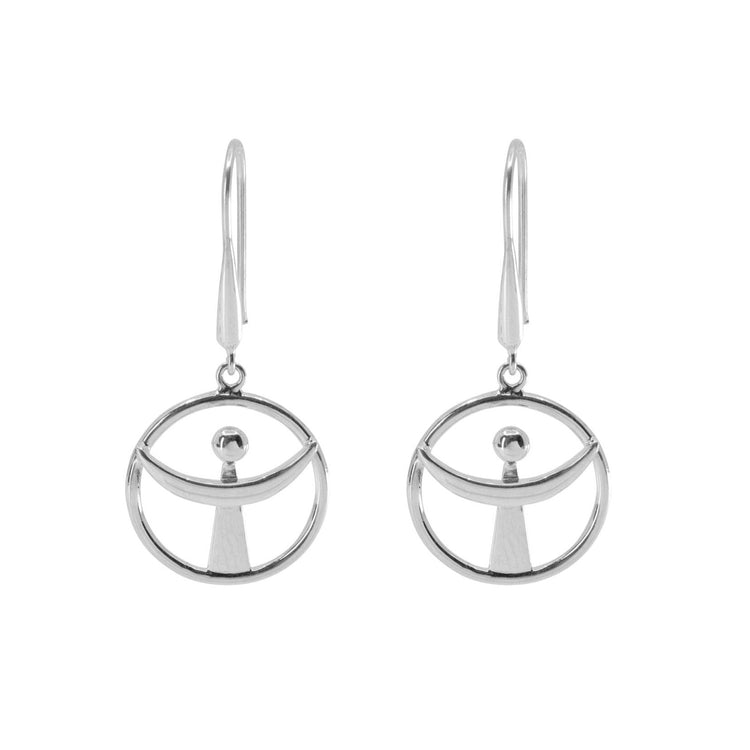 Introducing the "Releasing From the Deepest Fears Earhooks" by Kaora Sandara Jewelry, these exquisite earrings feature a geometric design with a circular frame enclosing a stylized angel figure. Crafted from Sterling Silver 925, they offer a secure and elegant fit with their hook closure.