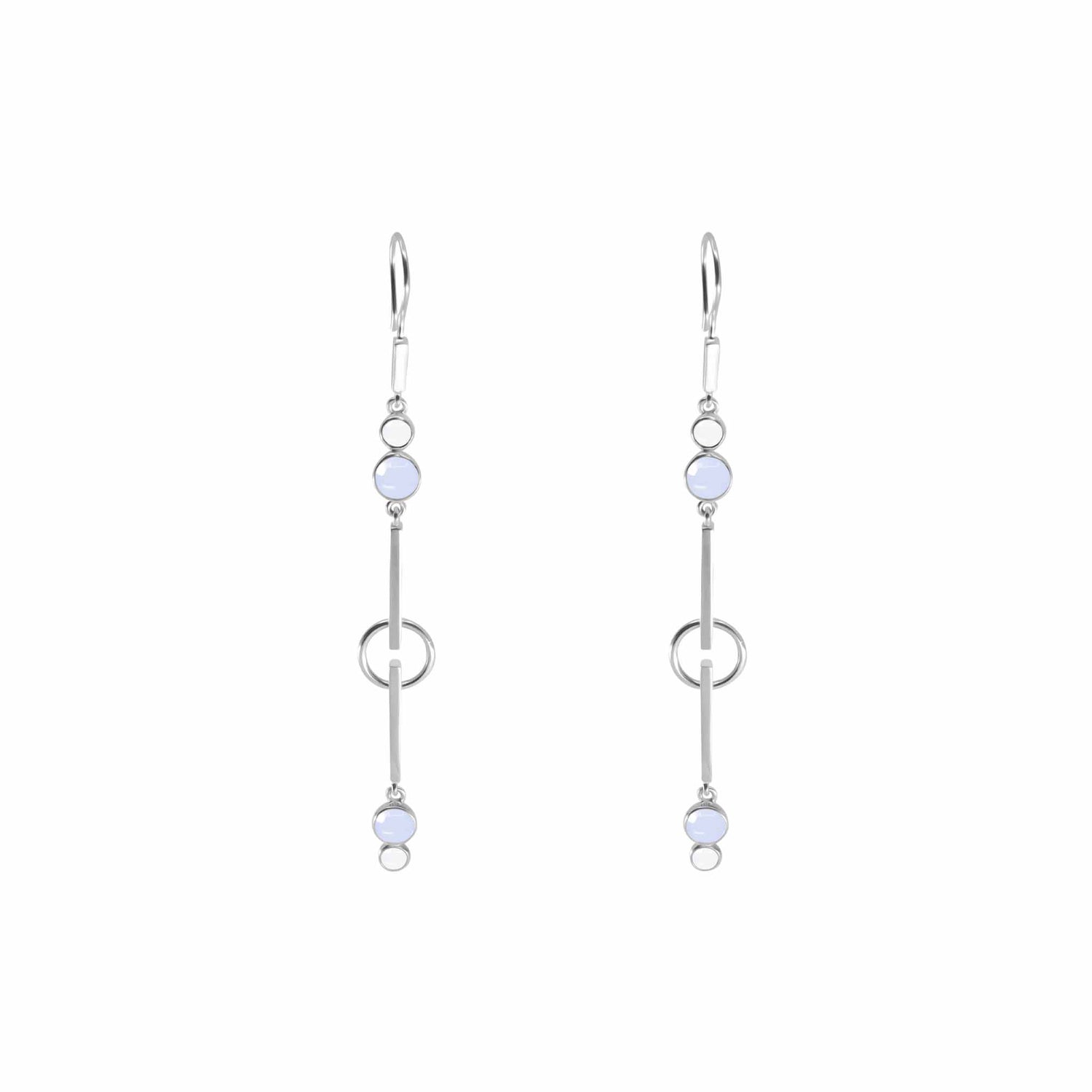 The Silver Earhooks State by Kaora Sandara Jewelry showcases a minimalist design with Sterling Silver 925. Each earring features two small, round light blue Chalcedony gemstones, positioned at the top and bottom, connected by a straight bar intersected by a loop in the middle, and finished with delicate earhooks.