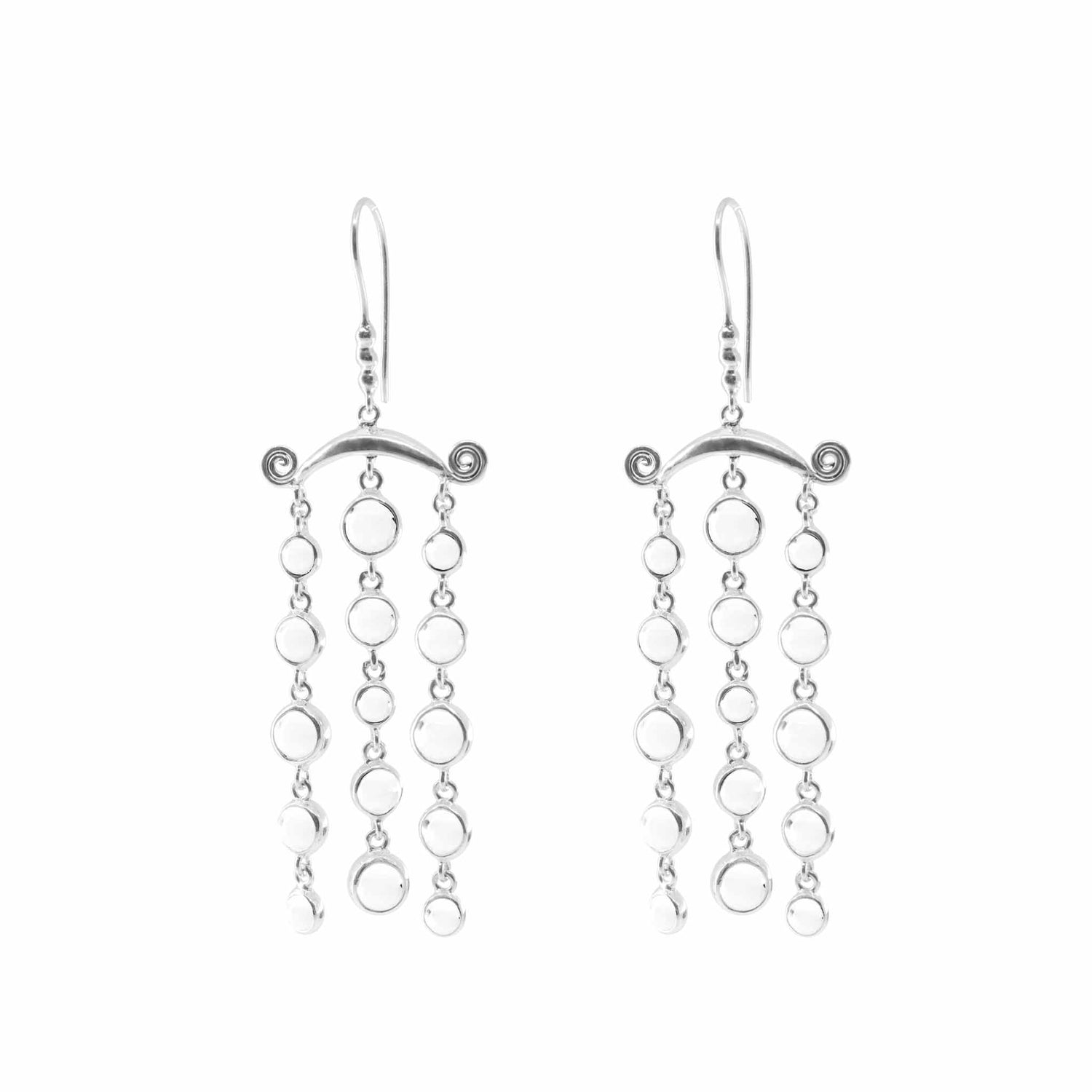 Part of the Magic Path series, the Magic Path Earhooks from Kaora Sandara Jewelry feature three dangling chains of circular links hanging from a curved bar with spiral details at each end, adorned with transparent crystal gemstones. The hook fastening ensures they stay secure. Intricate yet elegant, these Sterling Silver 925 chandelier earrings combine simplicity with a touch of sophistication.