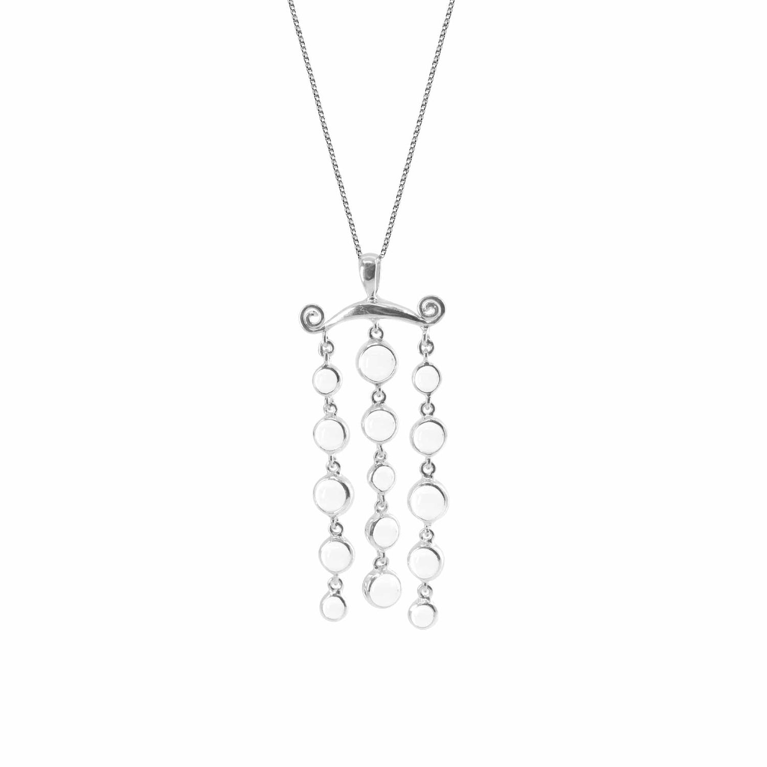 The Magic Path Pendant by Kaora Sandara Jewelry - a delicate Sterling Silver 925 necklace featuring a unique design. The pendant consists of a horizontal bar with two small spiral accents on each end, from which hang three vertical chains adorned with small silver circles and crystal gemstones. The necklace has a thin, elegant chain.