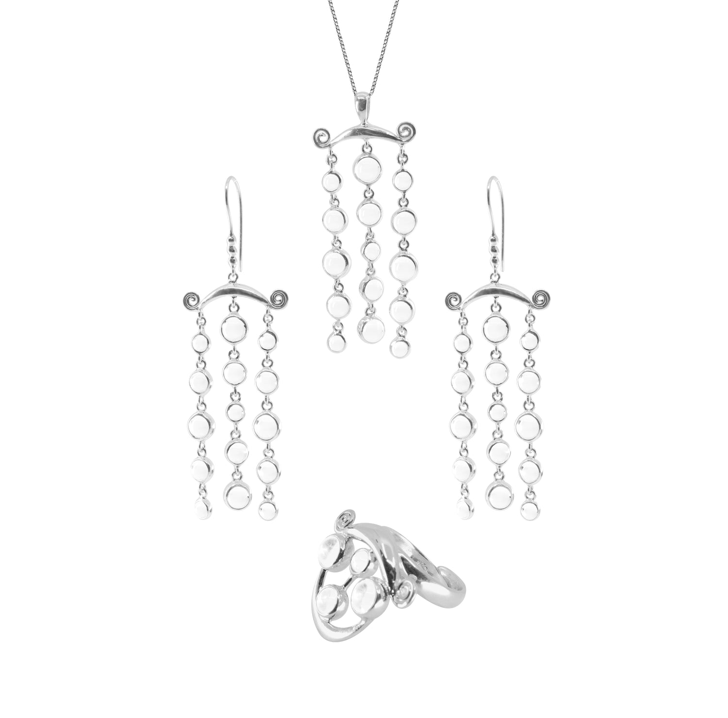 An elegant Kaora Sandara Jewelry set from the Magic Path series, featuring a Sterling Silver 925 necklace, pair of earrings, and ring. The Magic Path Earhooks showcase cascading silver chains ending in small silver circles and are accented with transparent crystal gemstones. The ring highlights a cluster of interconnected silver circles.