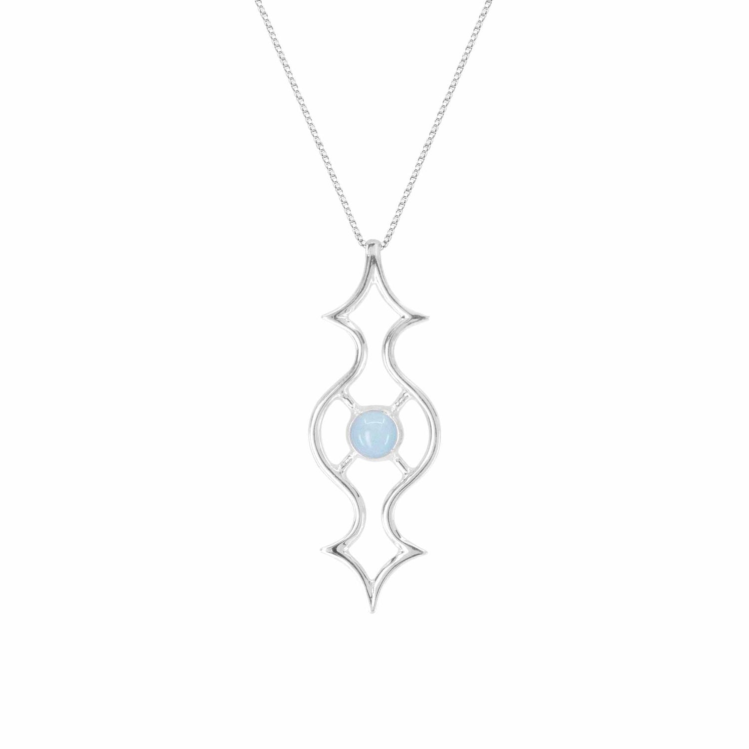 The Quantum Shift NEW Pendant by Kaora Sandara Jewelry is a sterling silver necklace that features a distinctive, elongated pendant with a geometric, symmetrical design. The center is adorned with a small, oval-shaped chalcedony gemstone, giving the piece an elegant and modern touch. The delicate chain complements the Quantum Shift NEW Pendant perfectly.