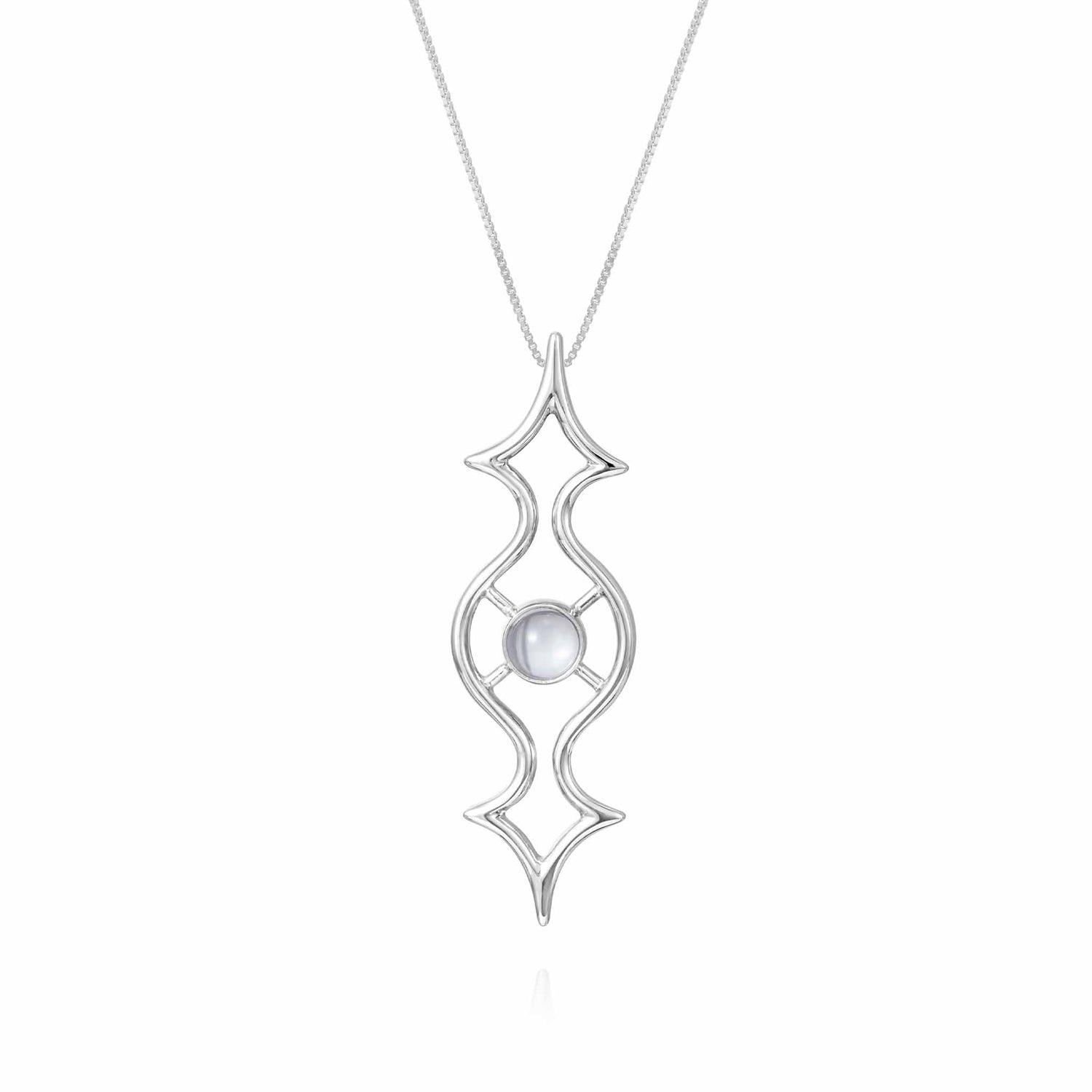 Kaora Sandara Jewelry presents the Quantum Shift NEW Pendant - a sterling silver 925 necklace that features an elongated pendant with symmetrical curves and a central round, translucent rhinestone crystal. The intricate design is elegant and modern, beautifully showcasing the craftsmanship and the gem's simple beauty. Sized Small.