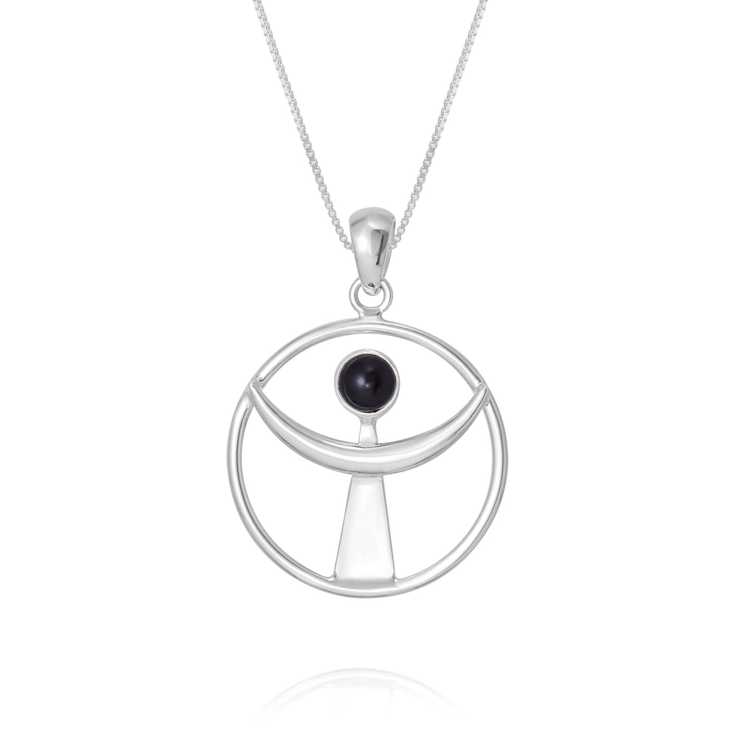 Introducing the Releasing From the Deepest Fears Pendant by Kaora Sandara Jewelry. This Size L, sterling silver 925 necklace features a delicate circular charm. Inside the circle, a geometric figure resembling a person is set with a black agate stone as its head, positioned below a crescent shape. The pendant is designed to release you from your deepest fears and hangs elegantly from a fine silver chain.